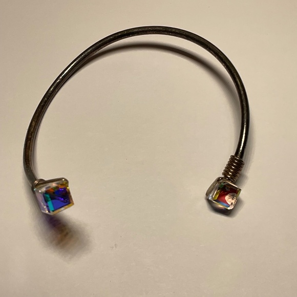 Sterling Silver Flexible Bracelet with 2 Crystals. 2.25 inch diameter, flexible - Picture 1 of 5